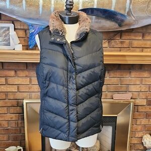 Eddie Bauer Premium Goose Down Quilted Black Puffer Vest Size Large Faux Fur